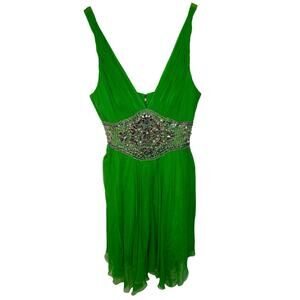NWT Mandalay Dark Lime Green Silk Beaded Sequin Mini Evening Dress Women Size 14